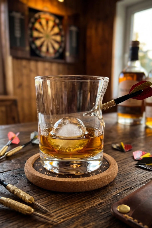Originelles Geschenk für Dartspieler: Handgefertigtes Whiskyglas mit echtem Dartpfeil im Glas auf einem Dart-Untersetzer in einer gemütlichen Bar-Atmosphäre.