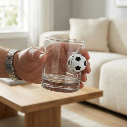 Fußball Whiskyglas mit eingearbeitetem Ball – handgemachtes Geschenk als Lifestyle-Foto in der Hand gehalten – handgemachtes Glas von MELTGlas