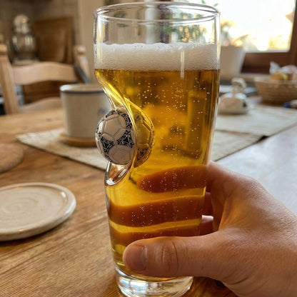 Fußball Bierglas mit eingearbeitetem Ball – handgemachtes Geschenk für Fußballfans als originelle Geschenkidee für besondere Anlässe – handgemachtes Glas von MELTGlas