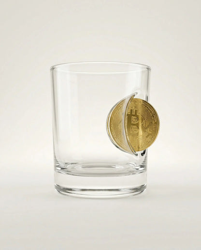 Bitcoin Whiskyglas mit eingearbeiteter Münze – handgemachtes Krypto Geschenk – handgemachtes Unikat von MELTGlas