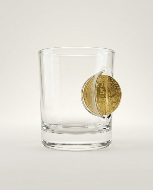 Bitcoin Whiskyglas mit eingearbeiteter Münze – handgemachtes Krypto Geschenk – handgemachtes Unikat von MELTGlas