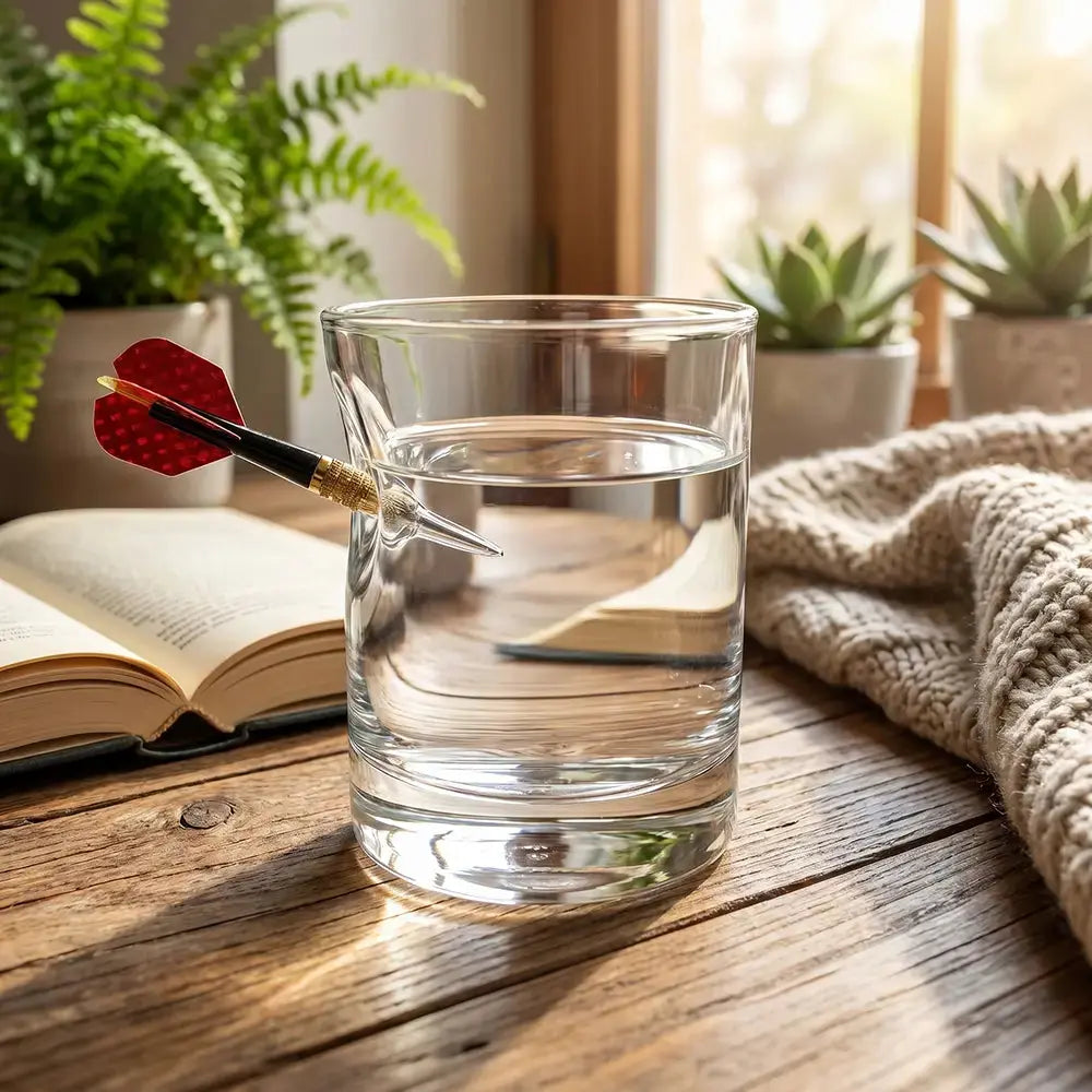 Darts Whiskyglas mit eingearbeitetem Dartpfeil – handgemachtes Geschenk als Lifestyle-Foto - handgemachtes Glas von MELTGlas